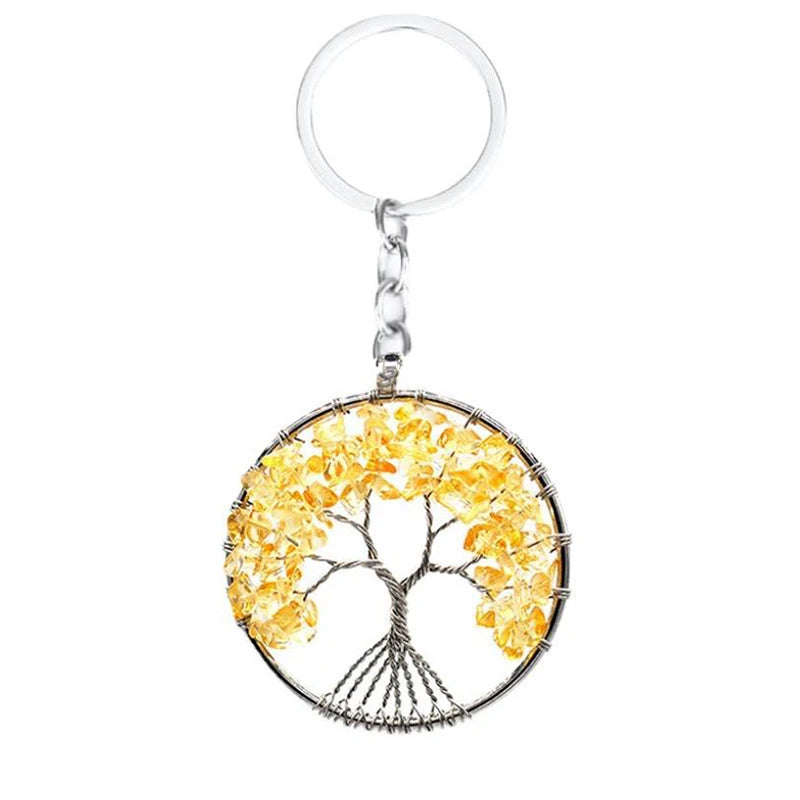 Wholesale Natural Crystal Stone 7 Chakra Round Tree of Life Keychains Key Ring Key Holder for Women Car Bags Accessories