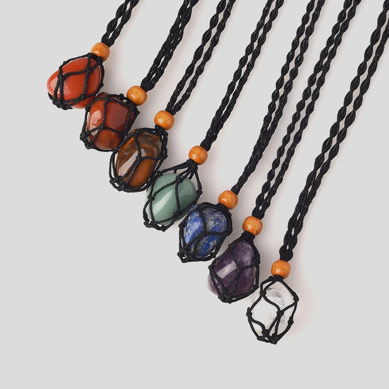 Crystal Tumbled Rough Stone Pendant Necklace Hand Net Woven Adjustable Necklace Gemstone Irregular Chakra Gemstones Necklace