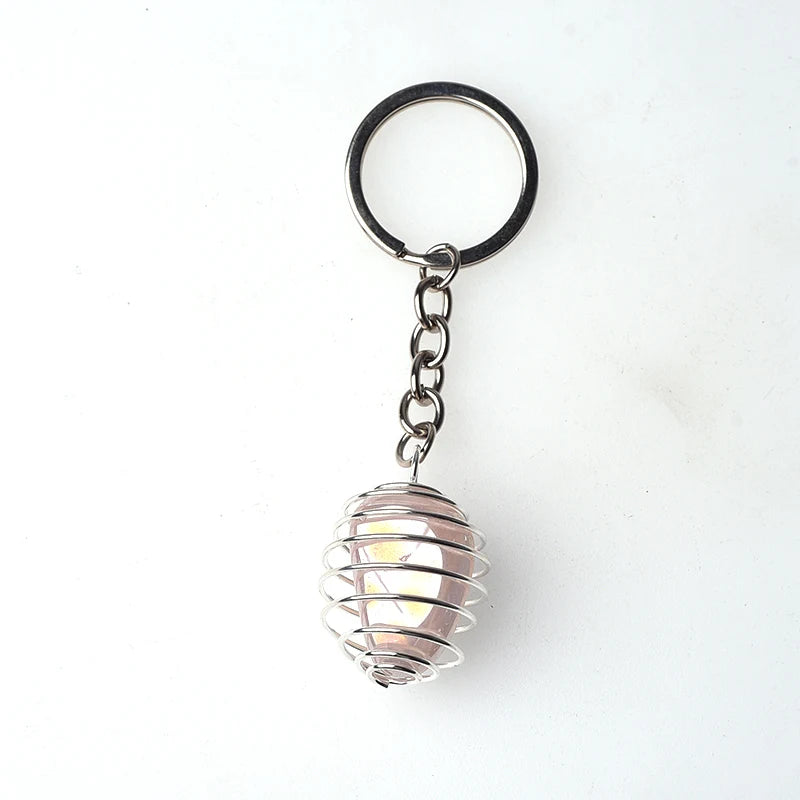 Natural Gemstone Tumble Stone Pendant Keychain Rings Reki Healing Stone Crystal Stainless Steel Spring Cage Lovely Key Chain