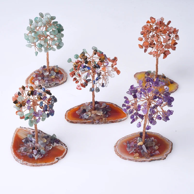 Wholesale Handmade Seven Chakra Tree Crystal Money Tree Ornaments Agate Slice Base Fortune Tree with Natural Stone for Souvenirs