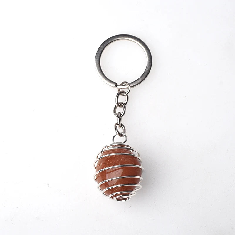 Natural Gemstone Tumble Stone Pendant Keychain Rings Reki Healing Stone Crystal Stainless Steel Spring Cage Lovely Key Chain