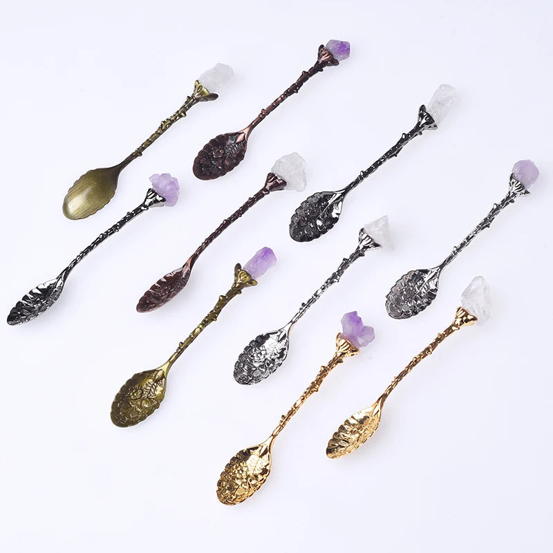 Wholesale Crystals Healing Stone Natural Amethyst Raw Tooth Crystal Rose Gold Mini Dessert Spoon Gifts