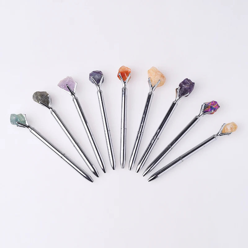 Wholesale Natur Carv Gemstones Golden Silver Metal Pen Handmade Crystal Crafts Natural Stone Raw Crystal Pens for Gift