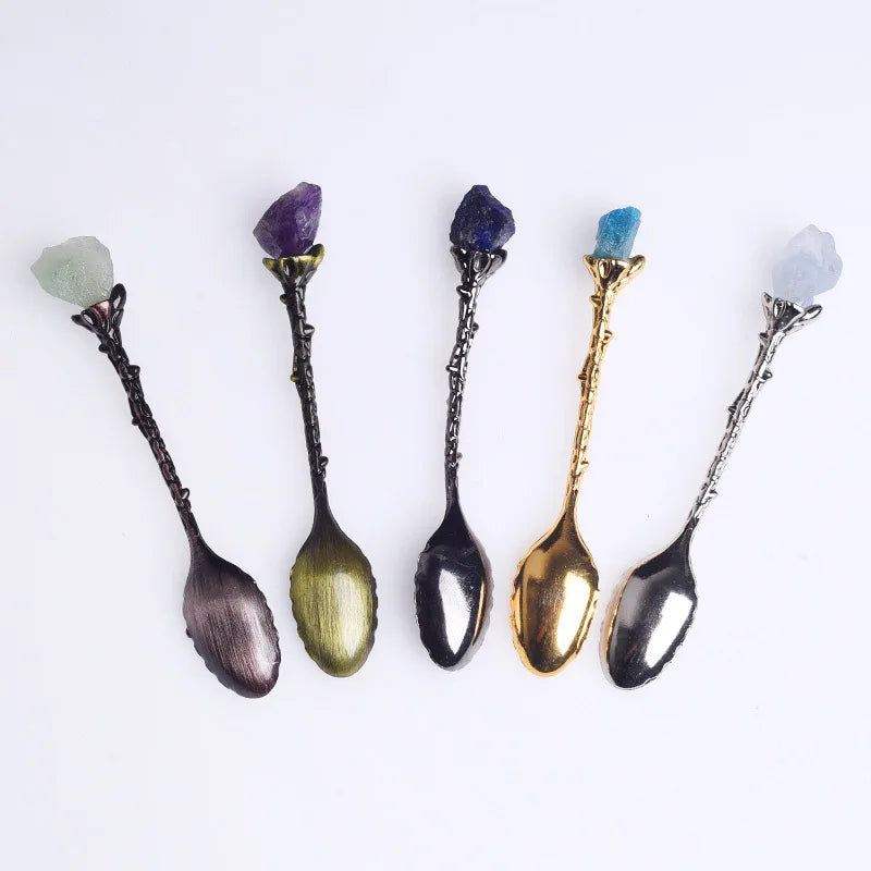Natural White Yellow Purple pink Green Aventurine Colorful Crystal Agate Stone Inlaid with Retro Carved Spoon Stirring Tea Set