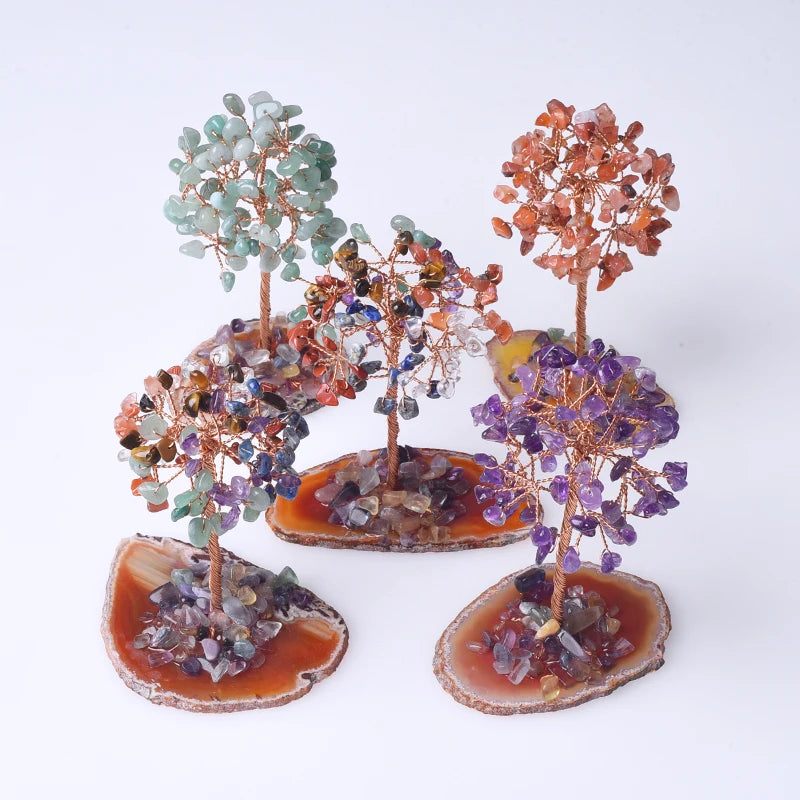 Wholesale Handmade Seven Chakra Tree Crystal Money Tree Ornaments Agate Slice Base Fortune Tree with Natural Stone for Souvenirs