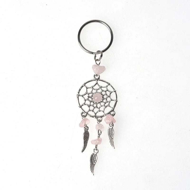 Hot Selling Keyring Stainless Steel Natural Gemstone Crystal Keychain Dreamcatcher Key Ring for Accessories
