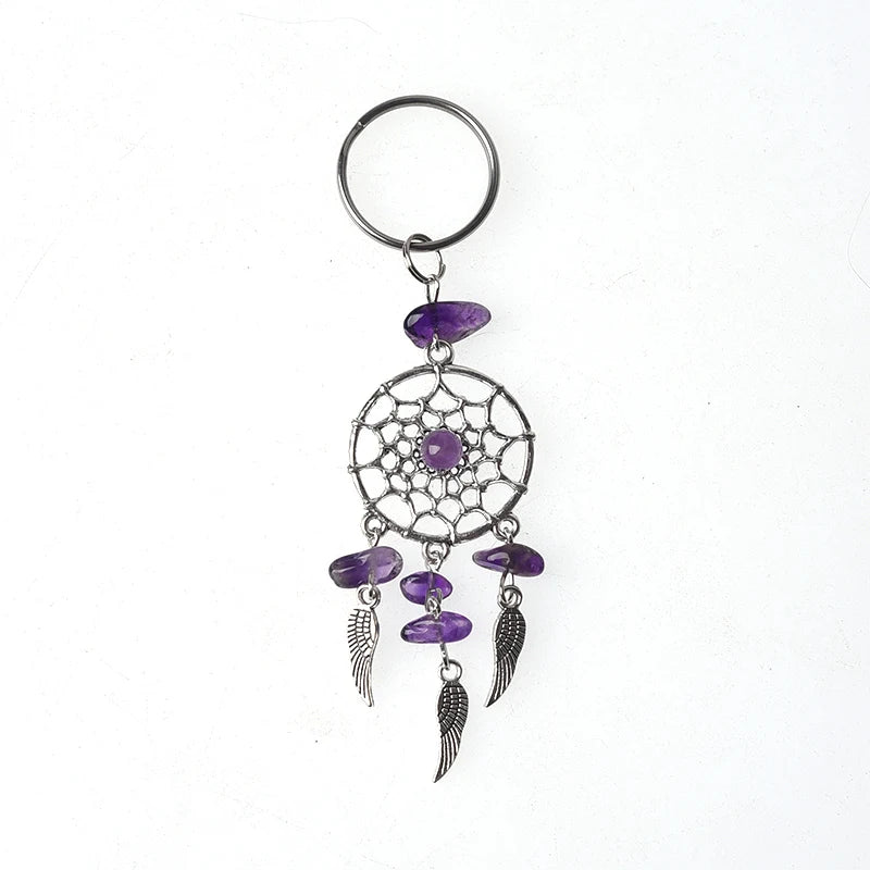 Hot Selling Keyring Stainless Steel Natural Gemstone Crystal Keychain Dreamcatcher Key Ring for Accessories
