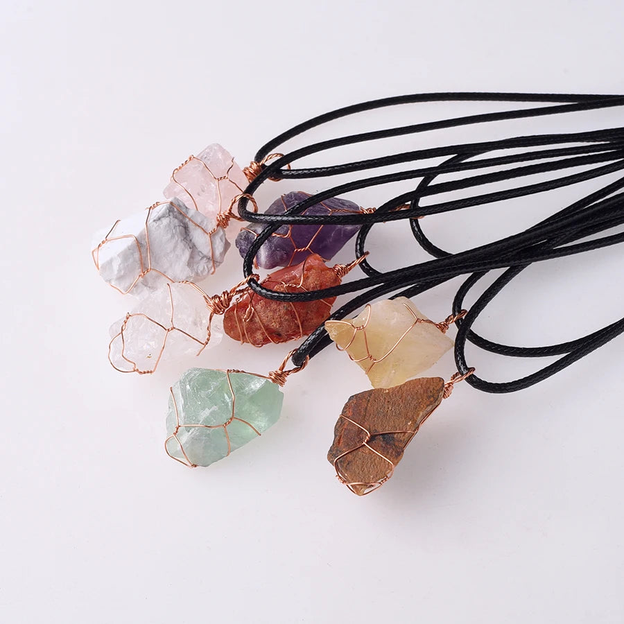 Irregular Gemstone Natural Stone Crystals Healing Stones Wire Wrap Rock Raw Clear Rose Quartz Pendant Necklace Jewelry