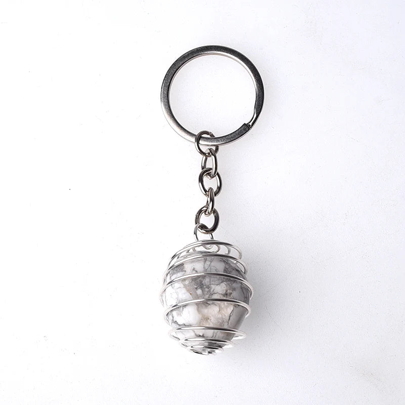 Natural Gemstone Tumble Stone Pendant Keychain Rings Reki Healing Stone Crystal Stainless Steel Spring Cage Lovely Key Chain