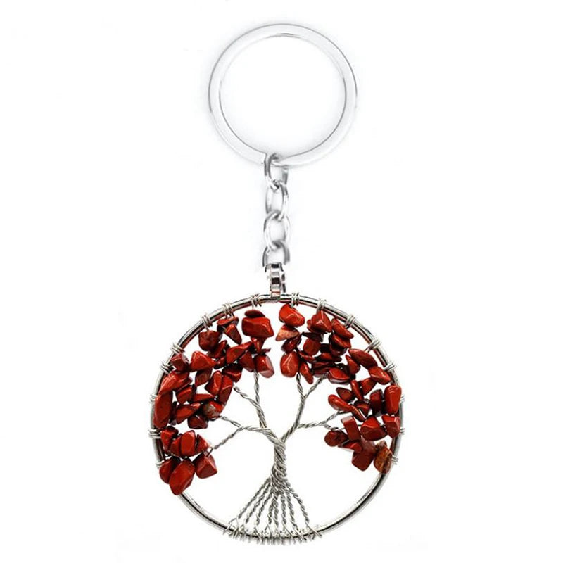 Wholesale Natural Crystal Stone 7 Chakra Round Tree of Life Keychains Key Ring Key Holder for Women Car Bags Accessories