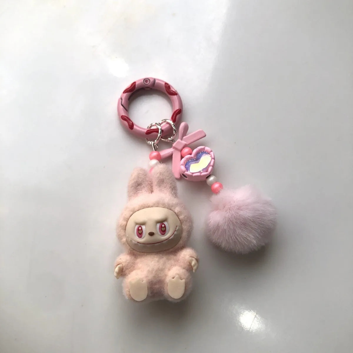 High Quality Mini Flocked Labubu Have a Seat Doll Diy Jewelry Accessories Flocked Labubu Figure Keychain Dolls