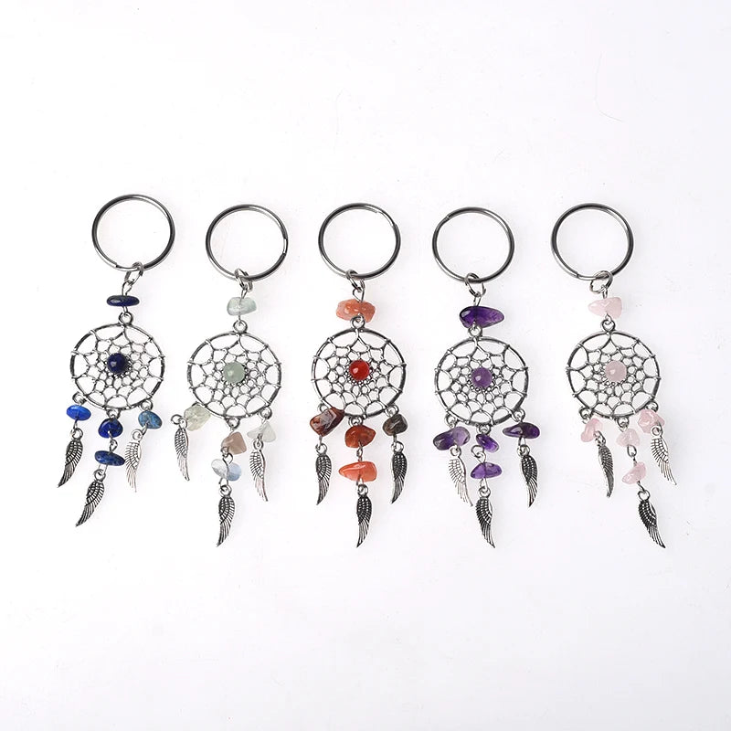 Hot Selling Keyring Stainless Steel Natural Gemstone Crystal Keychain Dreamcatcher Key Ring for Accessories