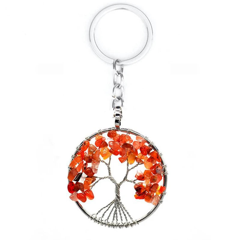 Wholesale Natural Crystal Stone 7 Chakra Round Tree of Life Keychains Key Ring Key Holder for Women Car Bags Accessories