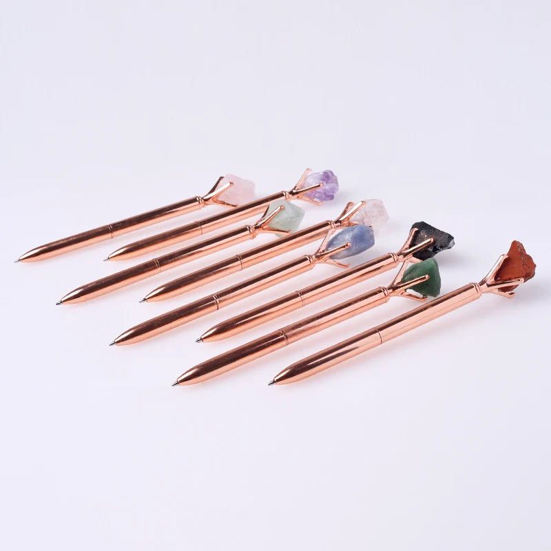 Wholesale Natur Carv Gemstones Golden Silver Metal Pen Handmade Crystal Crafts Natural Stone Raw Crystal Pens for Gift