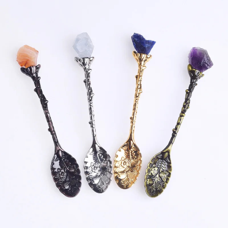 Natural White Yellow Purple pink Green Aventurine Colorful Crystal Agate Stone Inlaid with Retro Carved Spoon Stirring Tea Set