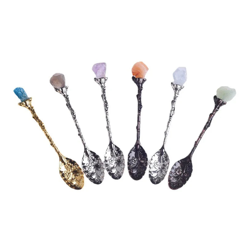 Natural White Yellow Purple pink Green Aventurine Colorful Crystal Agate Stone Inlaid with Retro Carved Spoon Stirring Tea Set