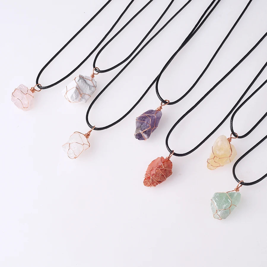 Irregular Gemstone Natural Stone Crystals Healing Stones Wire Wrap Rock Raw Clear Rose Quartz Pendant Necklace Jewelry