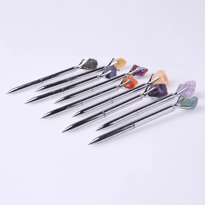 Wholesale Natur Carv Gemstones Golden Silver Metal Pen Handmade Crystal Crafts Natural Stone Raw Crystal Pens for Gift