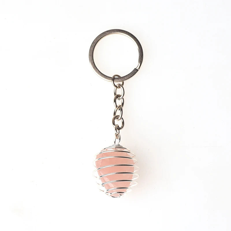 Natural Gemstone Tumble Stone Pendant Keychain Rings Reki Healing Stone Crystal Stainless Steel Spring Cage Lovely Key Chain