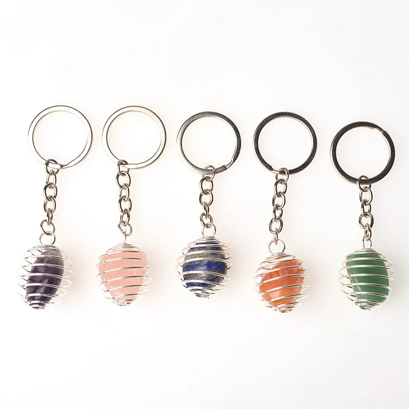 Natural Gemstone Tumble Stone Pendant Keychain Rings Reki Healing Stone Crystal Stainless Steel Spring Cage Lovely Key Chain