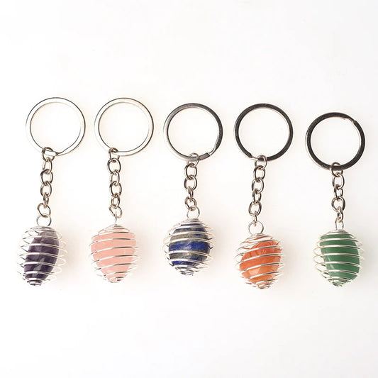 Natural Gemstone Tumble Stone Pendant Keychain Rings Reki Healing Stone Crystal Stainless Steel Spring Cage Lovely Key Chain