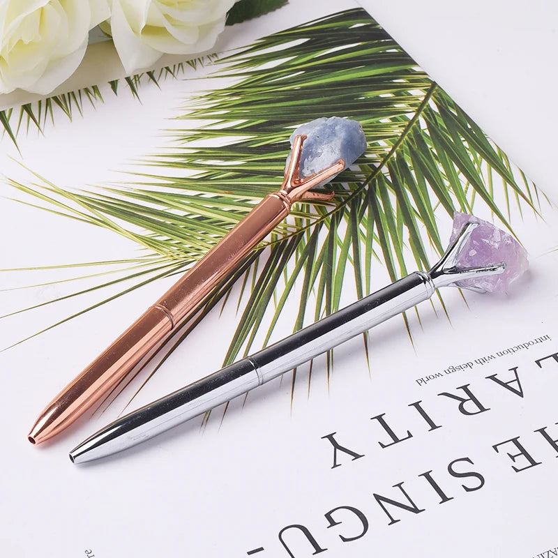 Wholesale Natur Carv Gemstones Golden Silver Metal Pen Handmade Crystal Crafts Natural Stone Raw Crystal Pens for Gift
