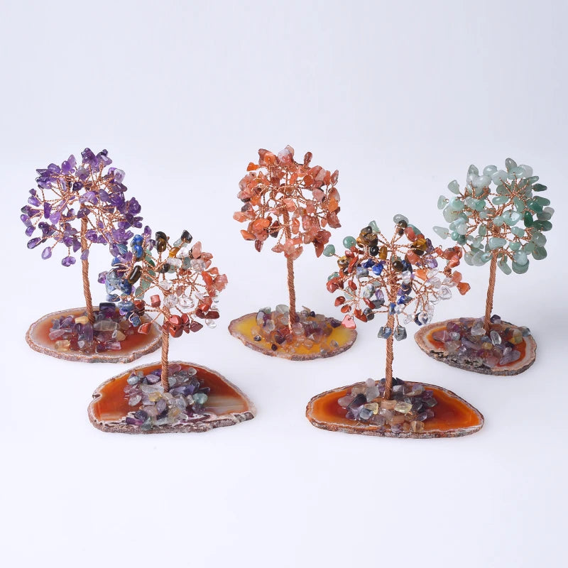 Wholesale Handmade Seven Chakra Tree Crystal Money Tree Ornaments Agate Slice Base Fortune Tree with Natural Stone for Souvenirs