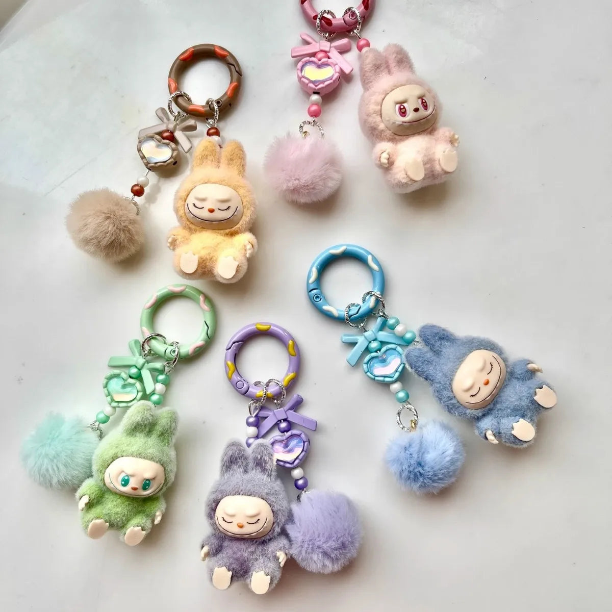 High Quality Mini Flocked Labubu Have a Seat Doll Diy Jewelry Accessories Flocked Labubu Figure Keychain Dolls