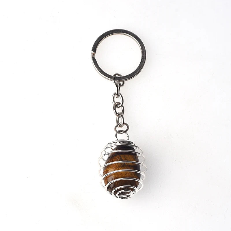 Natural Gemstone Tumble Stone Pendant Keychain Rings Reki Healing Stone Crystal Stainless Steel Spring Cage Lovely Key Chain