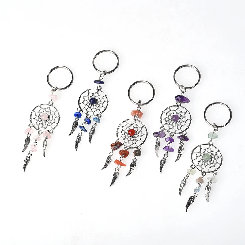 Hot Selling Keyring Stainless Steel Natural Gemstone Crystal Keychain Dreamcatcher Key Ring for Accessories