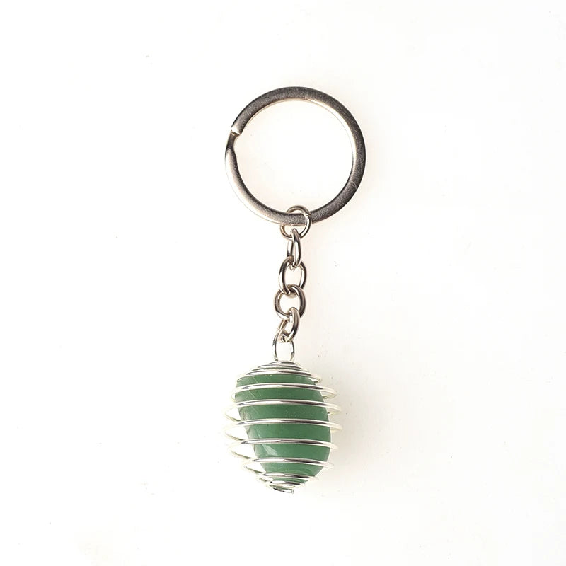 Natural Gemstone Tumble Stone Pendant Keychain Rings Reki Healing Stone Crystal Stainless Steel Spring Cage Lovely Key Chain
