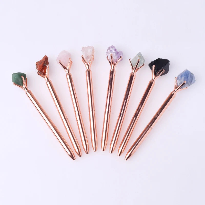 Wholesale Natur Carv Gemstones Golden Silver Metal Pen Handmade Crystal Crafts Natural Stone Raw Crystal Pens for Gift