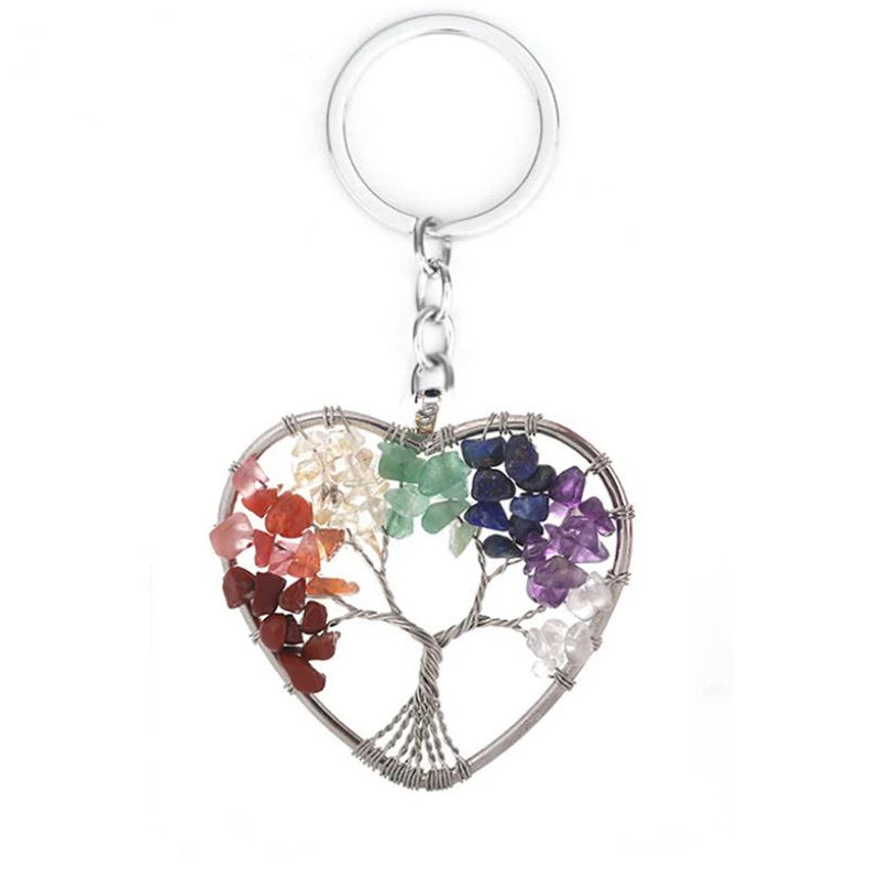 Wholesale Natural Crystal Stone 7 Chakra Round Tree of Life Keychains Key Ring Key Holder for Women Car Bags Accessories