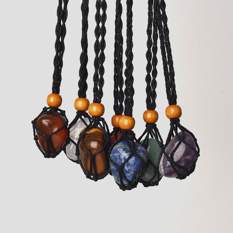 Crystal Tumbled Rough Stone Pendant Necklace Hand Net Woven Adjustable Necklace Gemstone Irregular Chakra Gemstones Necklace