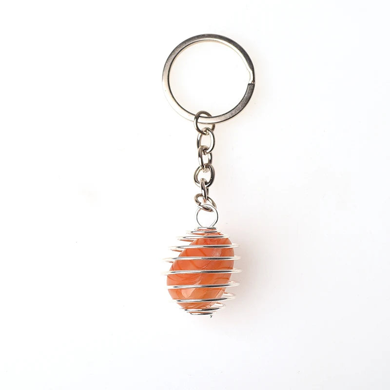 Natural Gemstone Tumble Stone Pendant Keychain Rings Reki Healing Stone Crystal Stainless Steel Spring Cage Lovely Key Chain