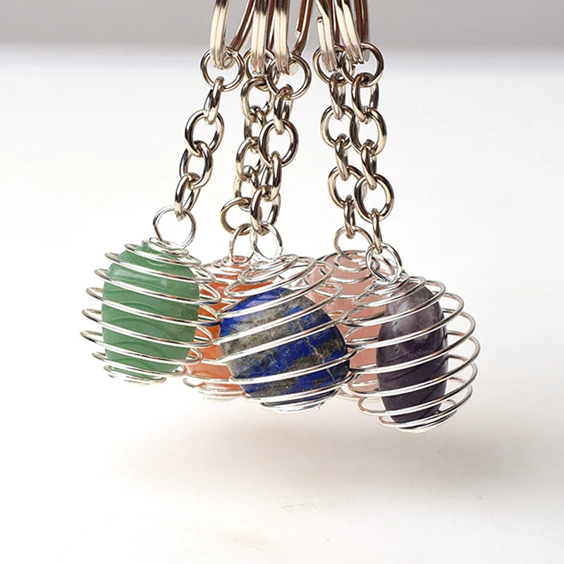 Natural Gemstone Tumble Stone Pendant Keychain Rings Reki Healing Stone Crystal Stainless Steel Spring Cage Lovely Key Chain