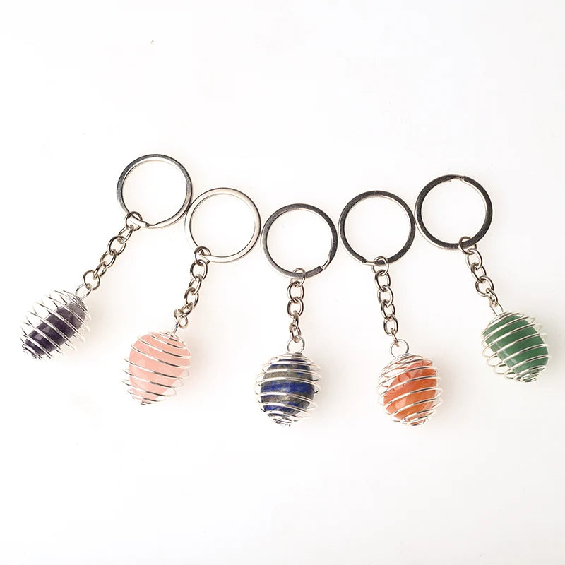 Natural Gemstone Tumble Stone Pendant Keychain Rings Reki Healing Stone Crystal Stainless Steel Spring Cage Lovely Key Chain