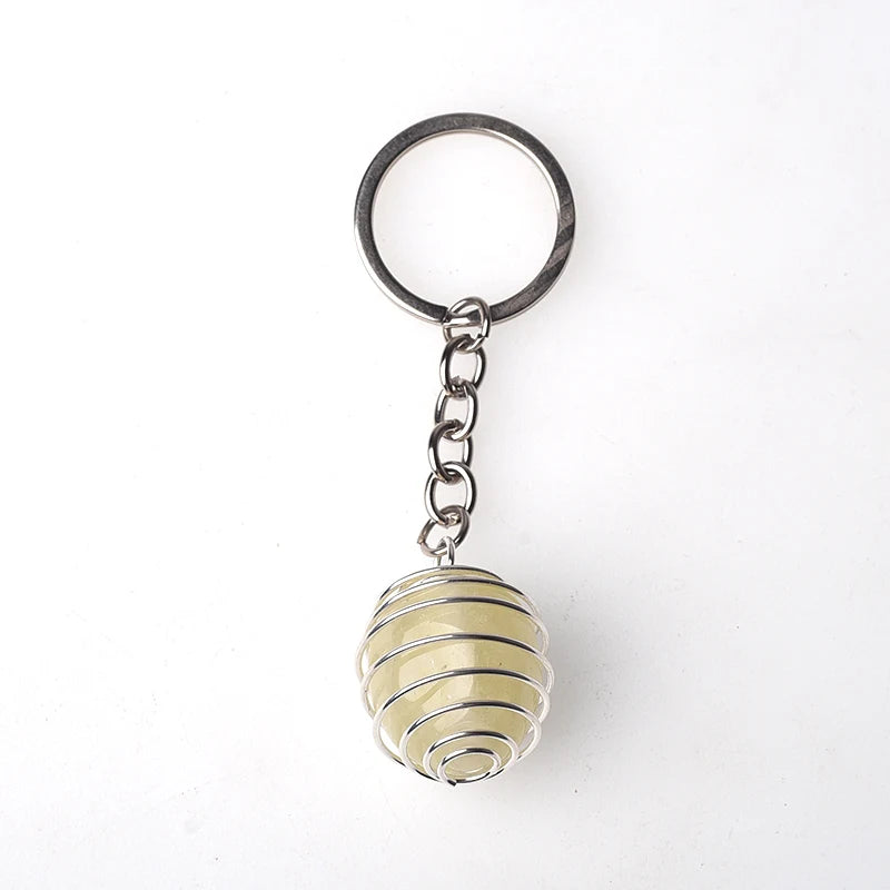 Natural Gemstone Tumble Stone Pendant Keychain Rings Reki Healing Stone Crystal Stainless Steel Spring Cage Lovely Key Chain