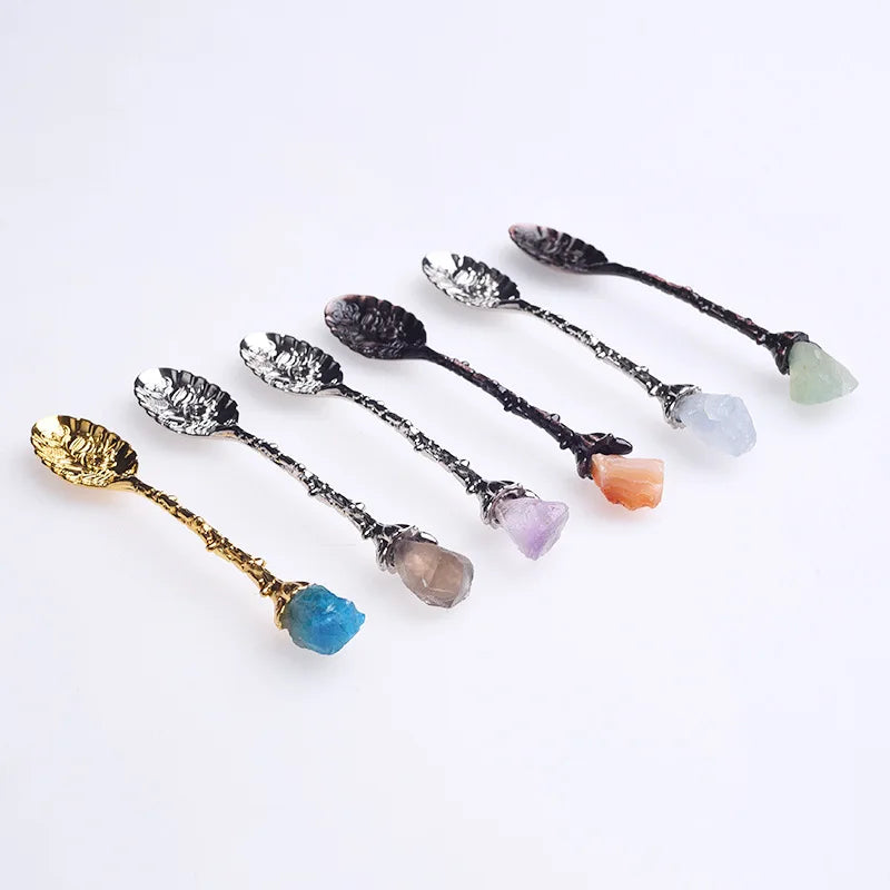 Natural White Yellow Purple pink Green Aventurine Colorful Crystal Agate Stone Inlaid with Retro Carved Spoon Stirring Tea Set