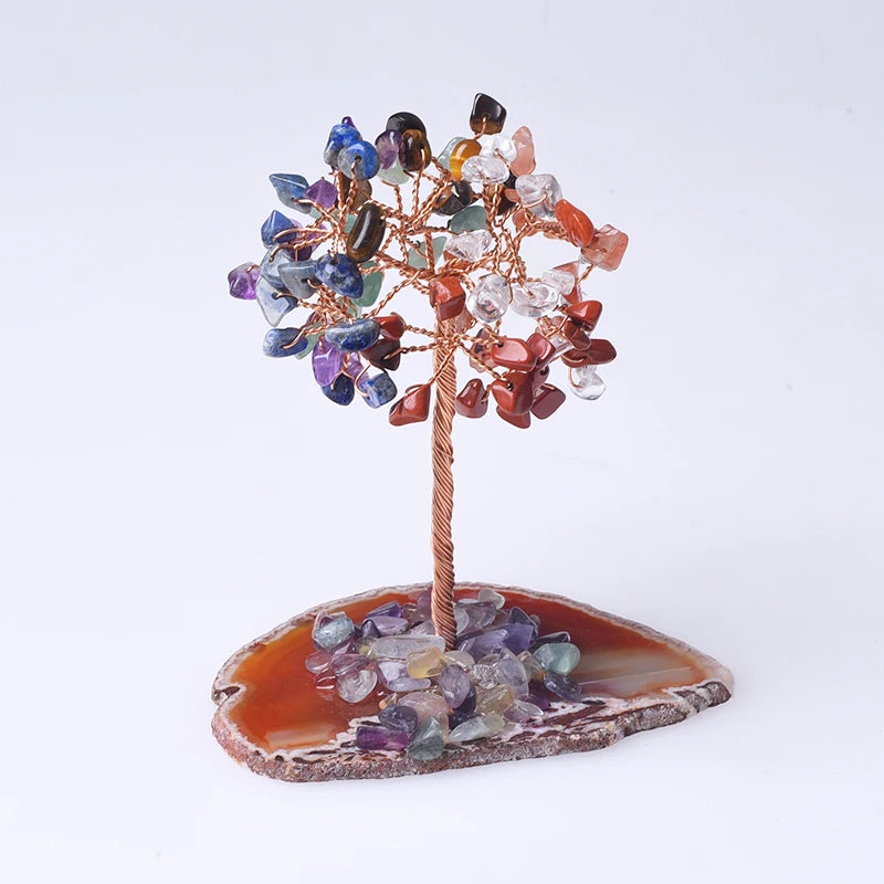 Wholesale Handmade Seven Chakra Tree Crystal Money Tree Ornaments Agate Slice Base Fortune Tree with Natural Stone for Souvenirs