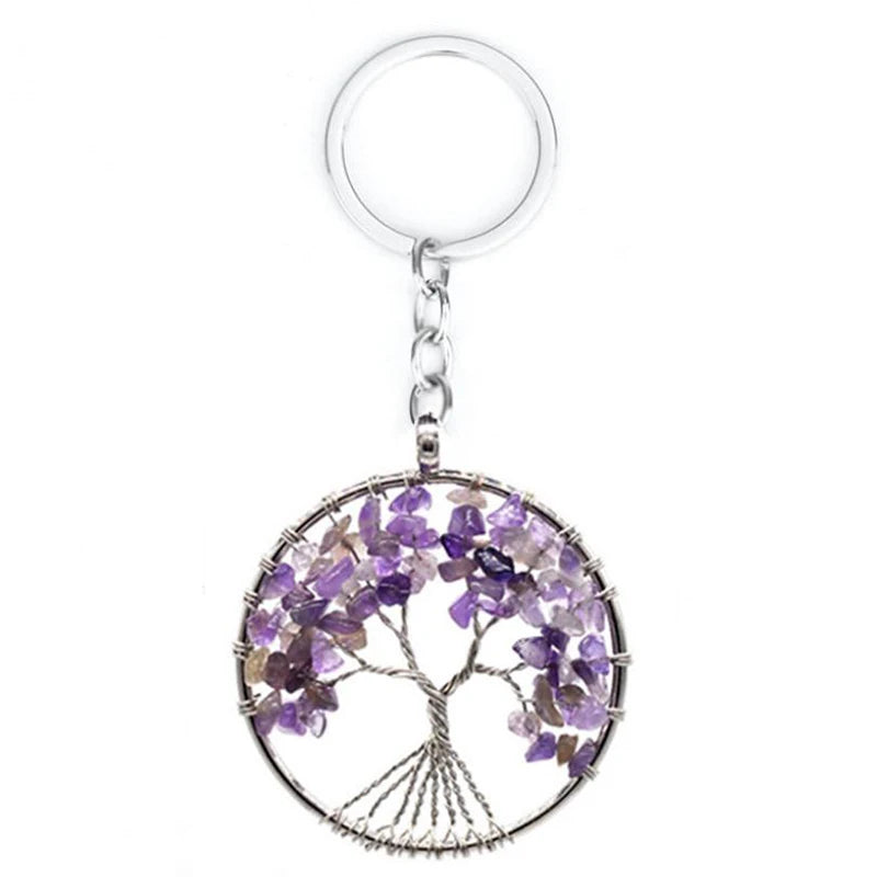 Wholesale Natural Crystal Stone 7 Chakra Round Tree of Life Keychains Key Ring Key Holder for Women Car Bags Accessories