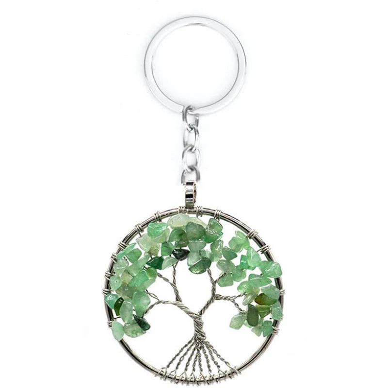 Wholesale Natural Crystal Stone 7 Chakra Round Tree of Life Keychains Key Ring Key Holder for Women Car Bags Accessories