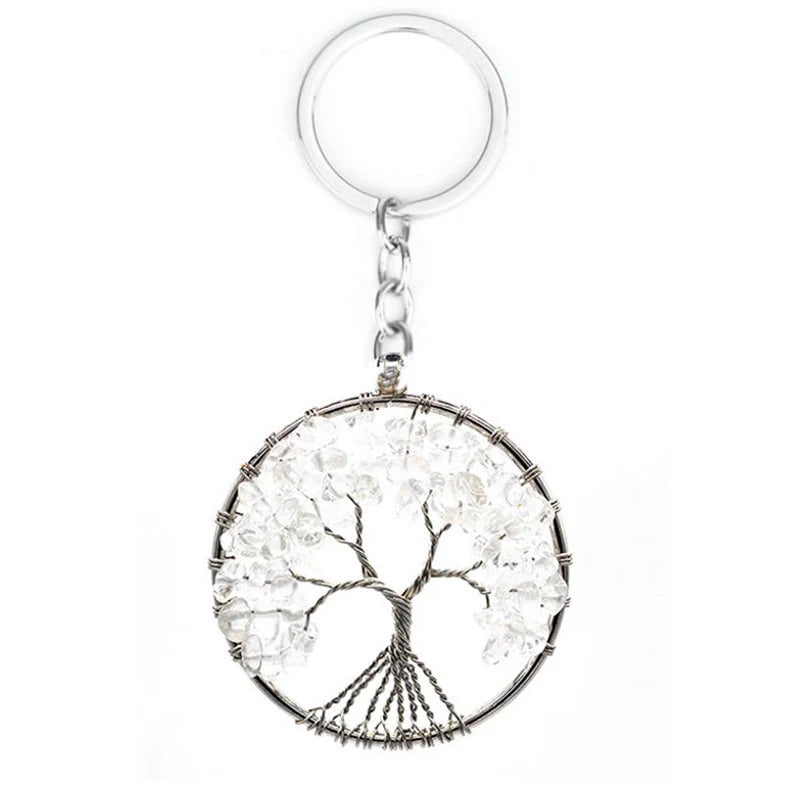 Wholesale Natural Crystal Stone 7 Chakra Round Tree of Life Keychains Key Ring Key Holder for Women Car Bags Accessories