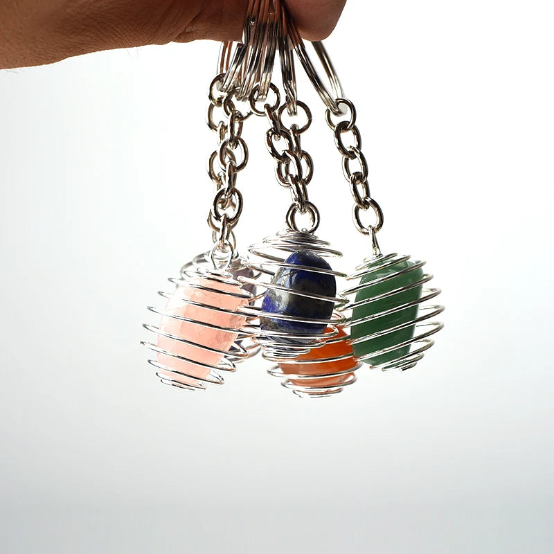 Natural Gemstone Tumble Stone Pendant Keychain Rings Reki Healing Stone Crystal Stainless Steel Spring Cage Lovely Key Chain