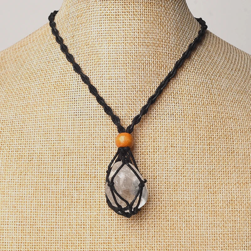 Crystal Tumbled Rough Stone Pendant Necklace Hand Net Woven Adjustable Necklace Gemstone Irregular Chakra Gemstones Necklace