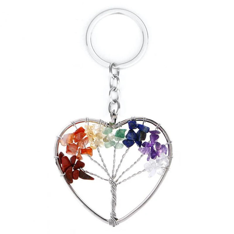Wholesale Natural Crystal Stone 7 Chakra Round Tree of Life Keychains Key Ring Key Holder for Women Car Bags Accessories