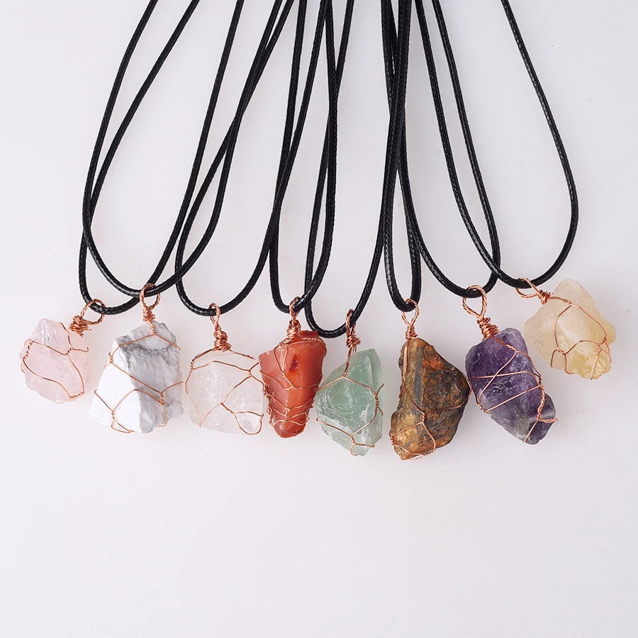 Irregular Gemstone Natural Stone Crystals Healing Stones Wire Wrap Rock Raw Clear Rose Quartz Pendant Necklace Jewelry