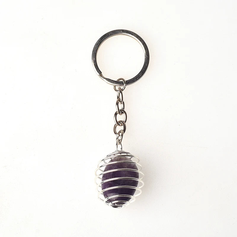 Natural Gemstone Tumble Stone Pendant Keychain Rings Reki Healing Stone Crystal Stainless Steel Spring Cage Lovely Key Chain