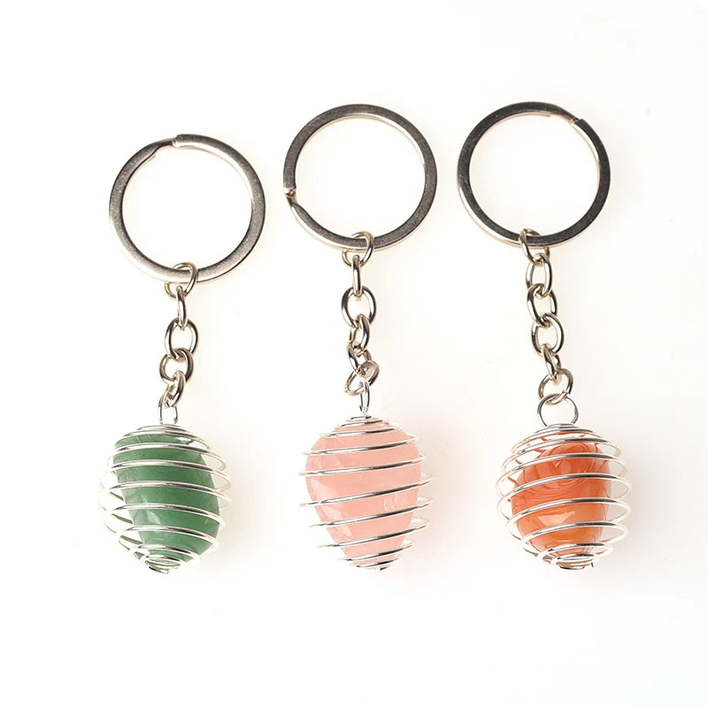 Natural Gemstone Tumble Stone Pendant Keychain Rings Reki Healing Stone Crystal Stainless Steel Spring Cage Lovely Key Chain