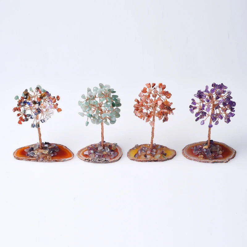 Wholesale Handmade Seven Chakra Tree Crystal Money Tree Ornaments Agate Slice Base Fortune Tree with Natural Stone for Souvenirs